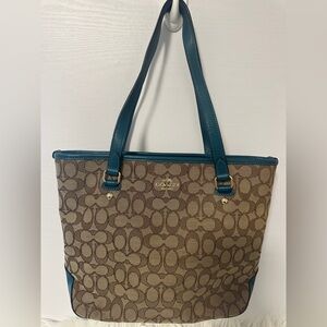 COACH Khaki Atlantic BlueTeal Outline Signature Canvas Leather Tote Bag